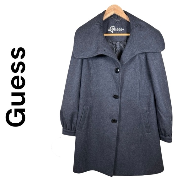Guess Womens Large Dark Gray Wool Blend Lined Collared Fitted Pea Coat - Picture 1 of 12